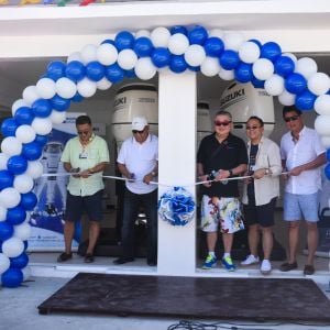 L-R: SPH General Manager for Marine and After-Sales, Mr Tamotsu Shimizu; Malay, Aklan Mayor Honorable Ciceron Cawaling ; Businessman Mr Peter Po ; SPH Managing Director Mr. Norminio Mojica and Keymotors, Inc. President Mr Robert Po during the ribbon-cutting ceremony of the shop Suzuki Marine Boracay Opening 1